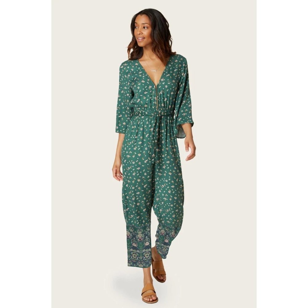 NWT O'Neill Nate Floral Green Emerald Jumpsuit Small summer sleeved v-neck